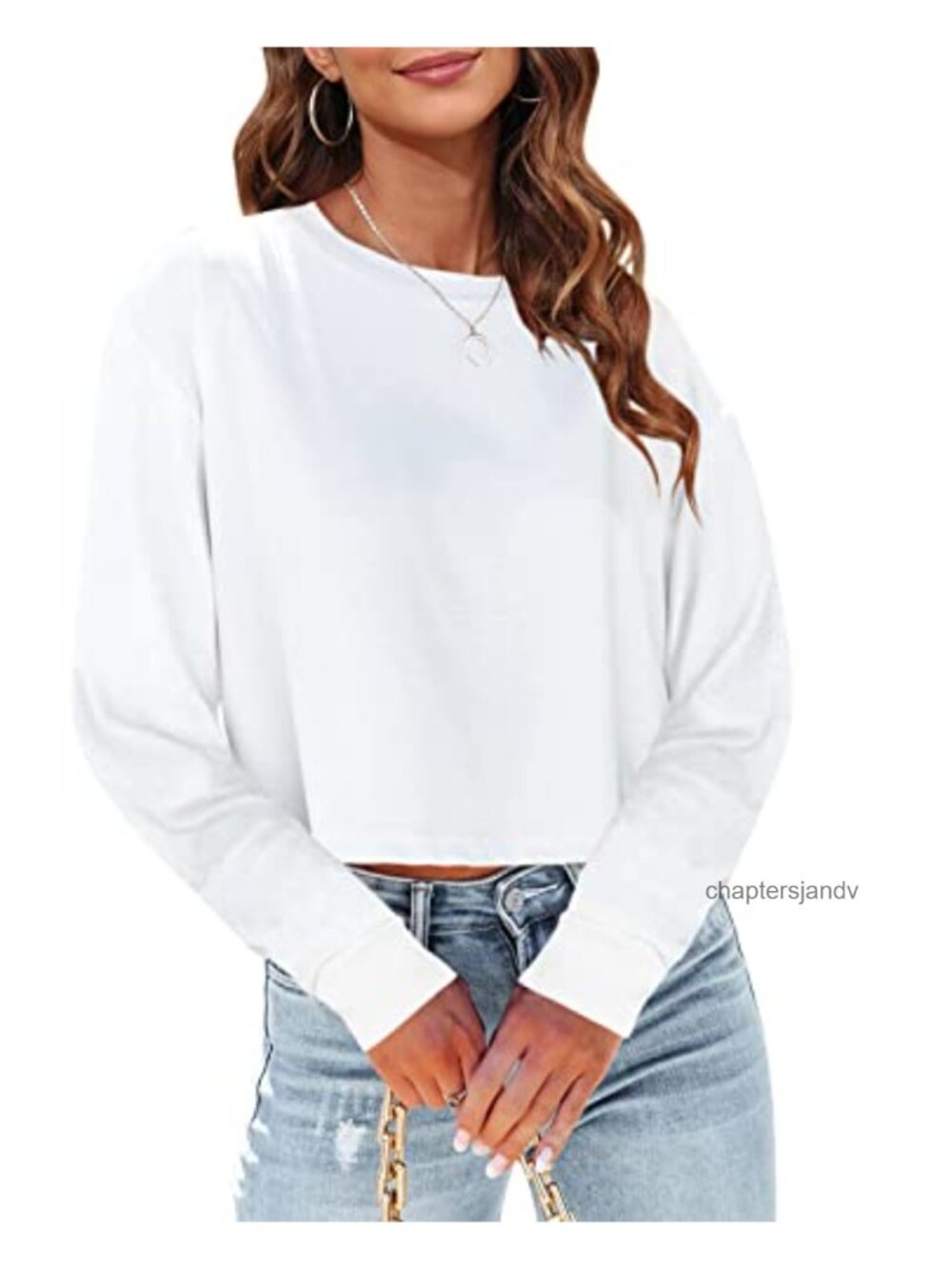 Long Sleeve Crop Top Oversized Cropped T-Shirt Drop Shoulder Crew Neck